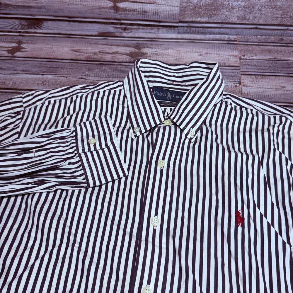 Ralph Lauren Button Down Shirt Mens Large Black White Striped Custom Fit LS